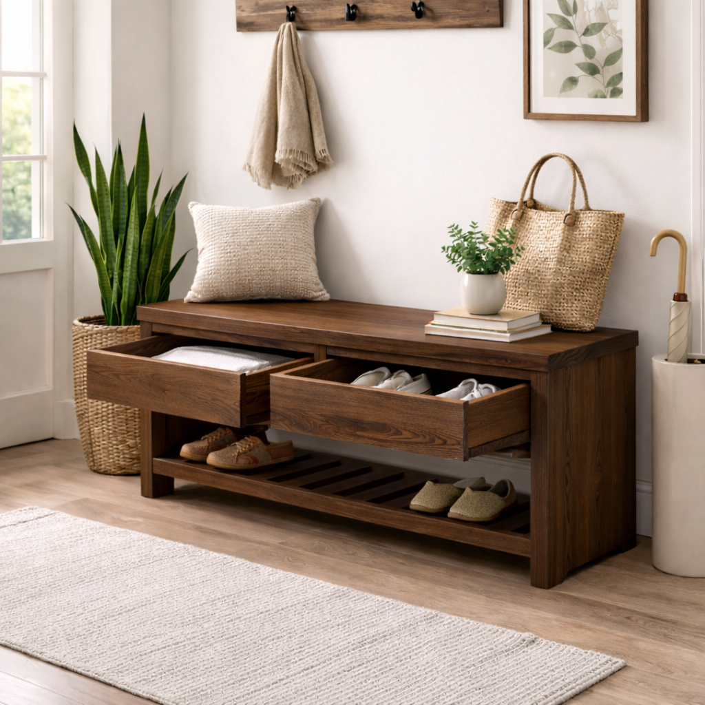 Wood Entryway Bench with Storage Drawers | Modern Hallway Seating & Shoe Rack - view 3 of 7