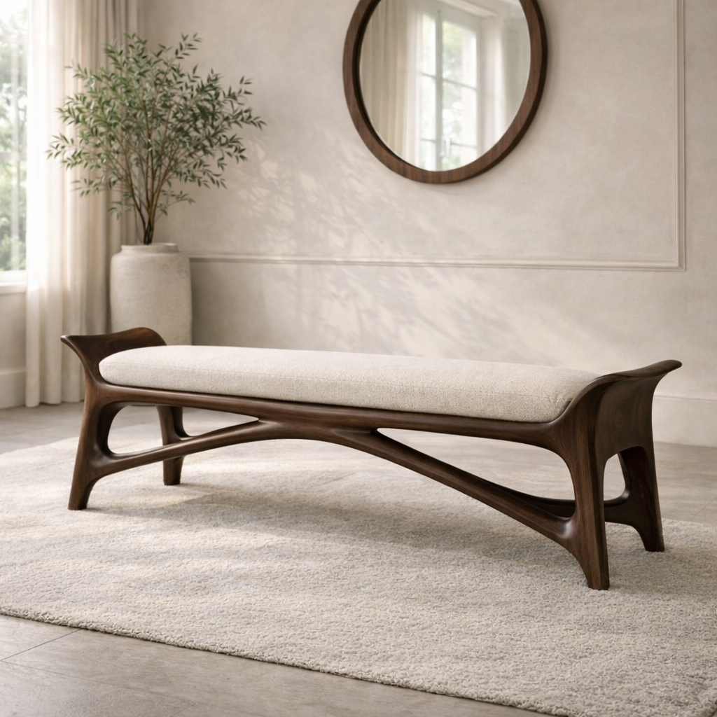 Modern Upholstered Entryway Bench, Luxury Sculptural Hallway Seat with Curved Frame - view 3 of 7