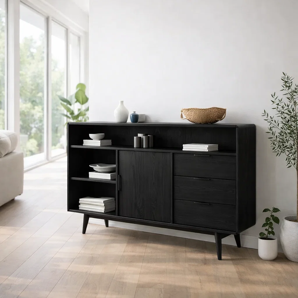 Solid Wood Sideboard Console with Drawers & Shelves – Modern Storage Cabinet - view 4 of 7