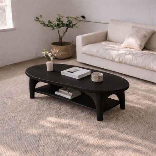 Handcrafted Solid Wood Coffee Table – Oval Modern Center Table with Shelf - view 2 of 7