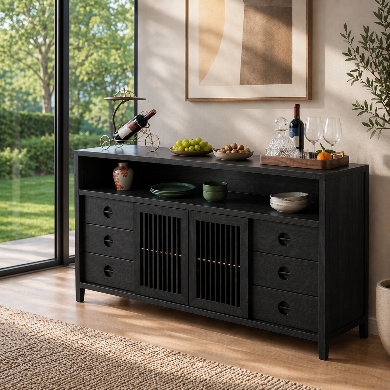 Solid Wood Console Sideboard with Slatted Doors – Modern Walnut Storage Cabinet - view 4 of 7