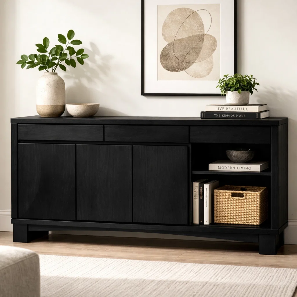 Solid Wood Console Cabinet with Drawers and Open Shelf – Modern Sideboard - view 4 of 7