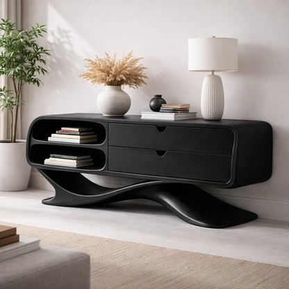 Solid Wood Sculptural Console Cabinet with Drawers & Open Shelf – Modern Curved Base - view 4 of 7