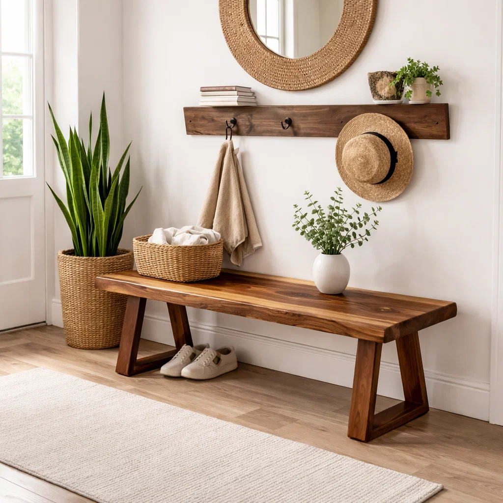 Solid Wood Entryway Bench with Storage | Rustic Modern Hallway Bench - view 3 of 7