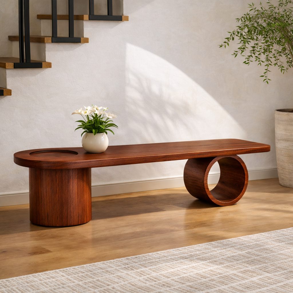 Modern Solid Oak Sculptural Bench, Minimalist Geometric Statement Seat - view 5 of 7