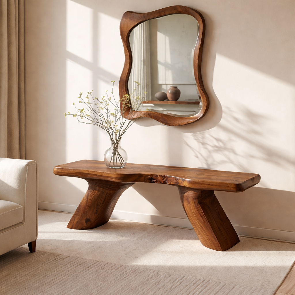 Solid Wood Entryway Bench with Sculptural Legs, Handmade Modern Hallway Seat - view 6 of 7