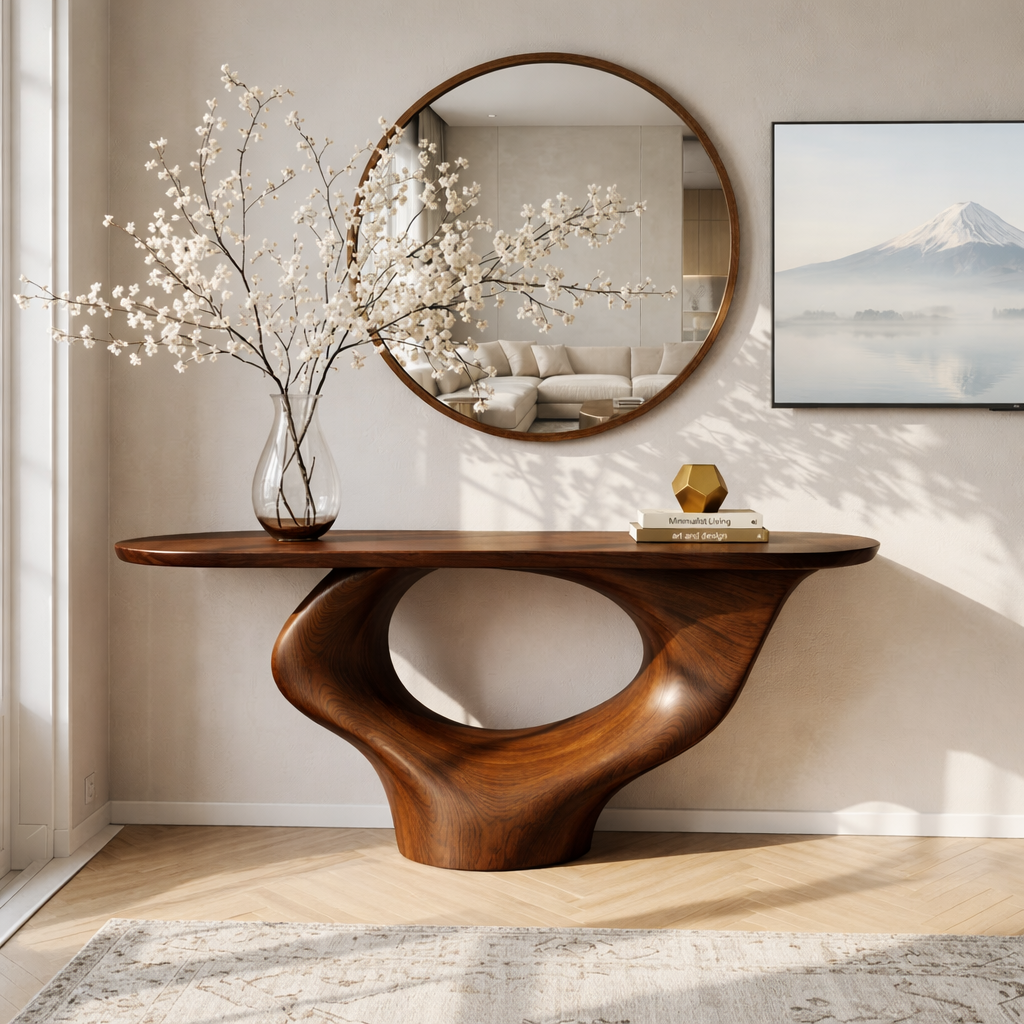 Solid Wood Console Table with Sculptural Base, Modern Minimalist Design - view 3 of 7