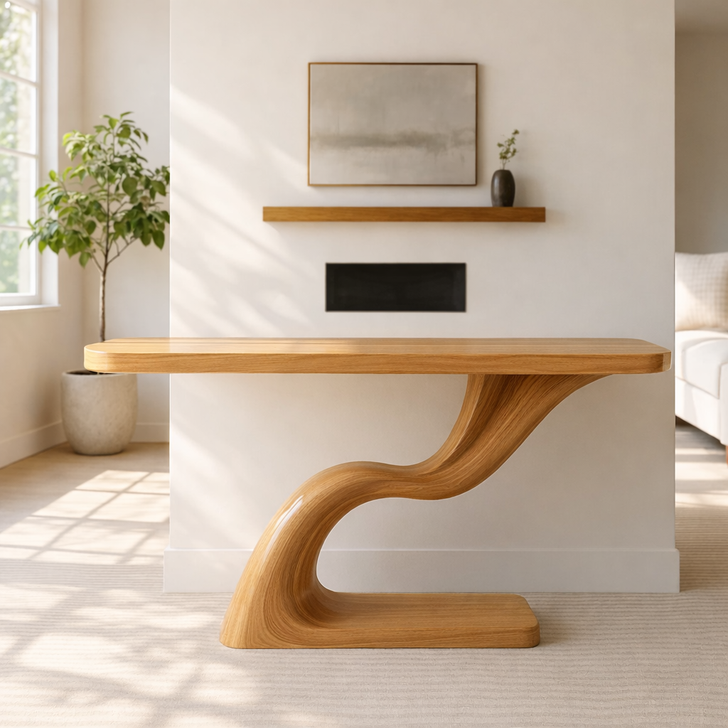 Modern Sculptural Solid Wood Console Table, Curved Base Entryway Hallway Statement Furniture - view 1 of 7