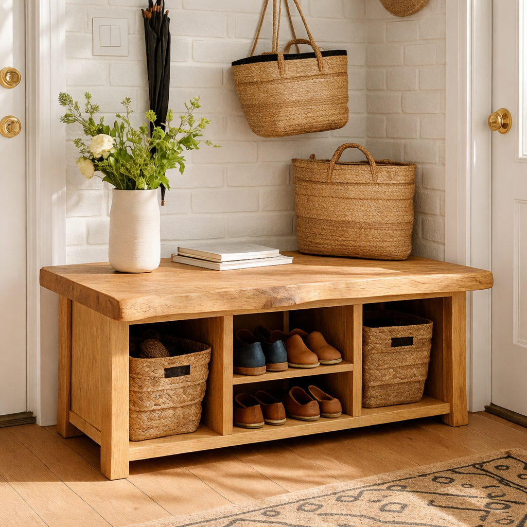 Solid Wood Entryway Bench with Storage Cubbies and Shoe Organizer Shelf - view 1 of 7