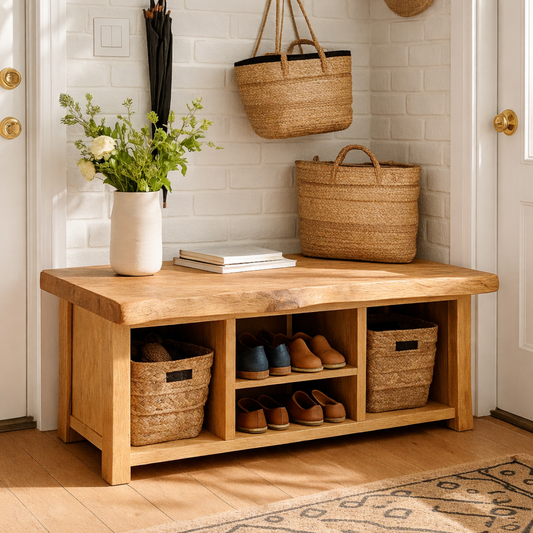 Solid Wood Entryway Bench with Storage Cubbies and Shoe Organizer Shelf - view 1 of 7