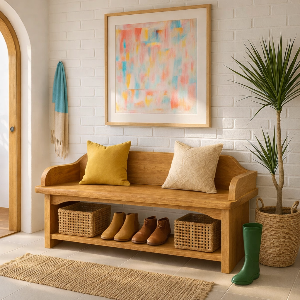 Solid Wood Entryway Bench with Armrests and Shoe Shelf Storage - view 1 of 7