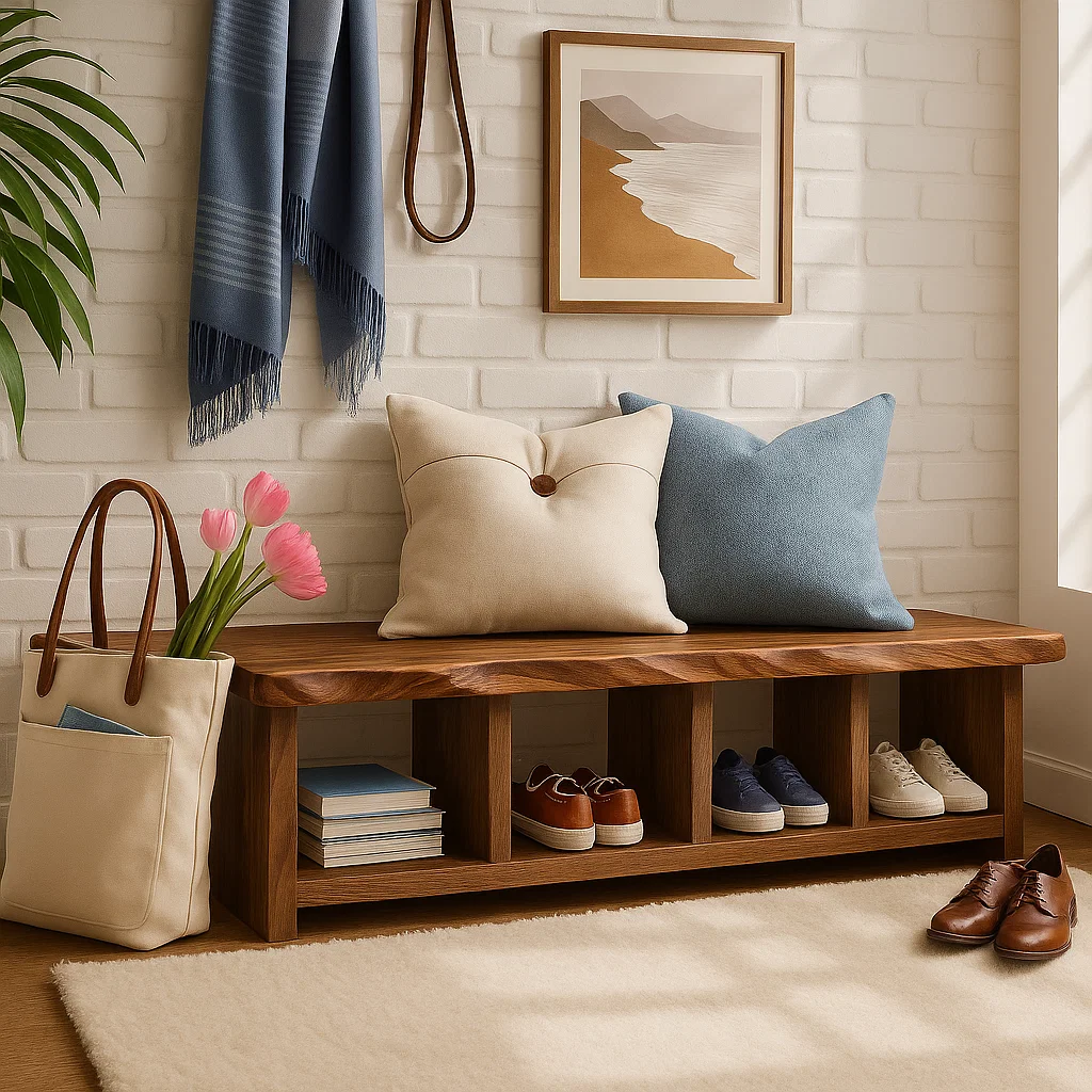 Handcrafted Entryway Bench – Solid Wood Shoe Storage Bench with Open Compartments for Rustic Hallway or Mudroom - view 1 of 7