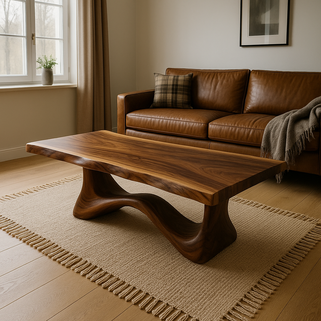 Solid Wood Coffee Table Modern Walnut with Sculptural Curved Base - view 3 of 7