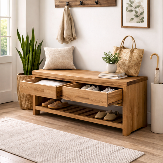 Wood Entryway Bench with Storage Drawers | Modern Hallway Seating & Shoe Rack - view 1 of 7