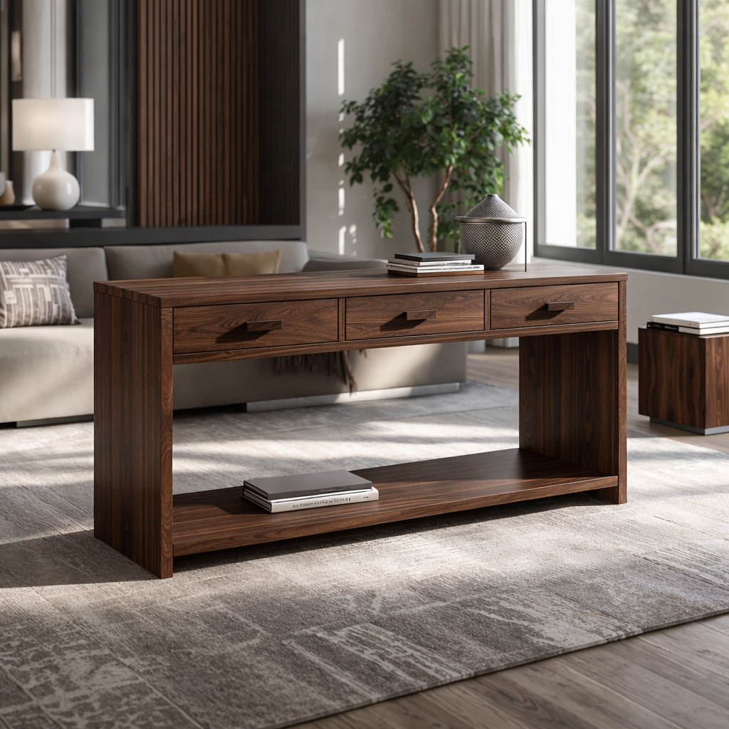 Solid Wood Console Table with Drawers and Shelf – Modern Entryway Storage Table - view 2 of 7