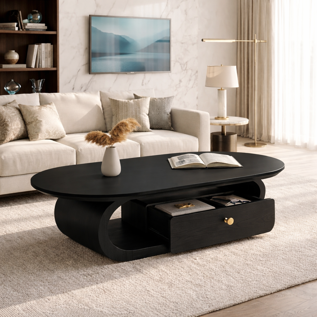 Wooden Coffee Table with Storage Drawer and Curved Modern Design - view 4 of 7