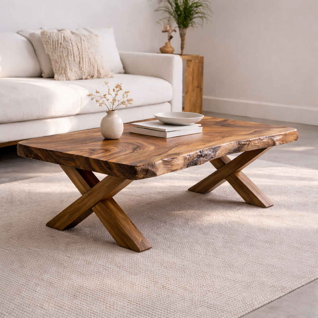 Live Edge Solid Wood Coffee Table with X-Frame Legs – Rustic Modern Living Room Table - view 1 of 7