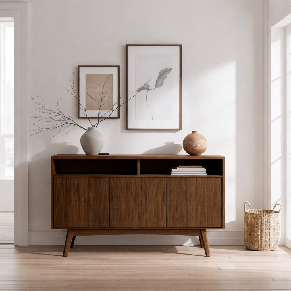 Mid-Century Modern Solid Wood Console Cabinet with Open Shelf and Storage - view 2 of 7