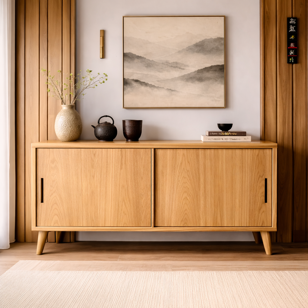Solid Wood Console Cabinet with Sliding Doors – Modern Minimalist Storage Sideboard - view 1 of 7
