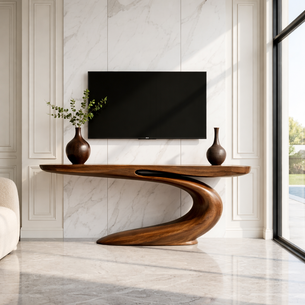 Solid Wood Console Table with Sculpted Curved Base, Modern Artistic Design - view 2 of 7