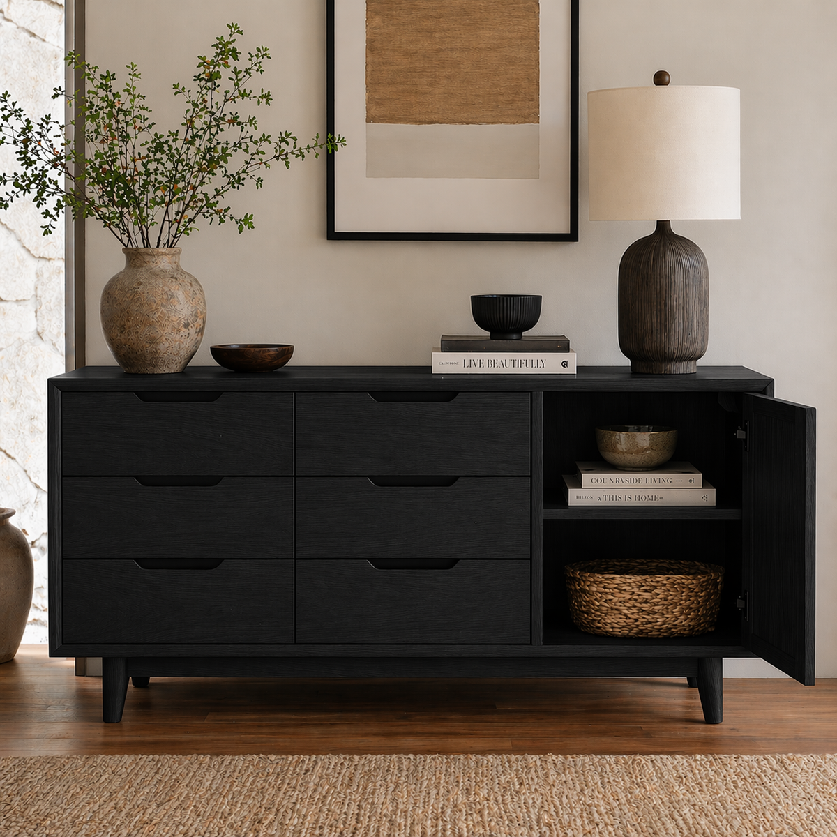 Solid Wood Sideboard Cabinet with Drawers & Door Storage – Modern Rustic Design - view 4 of 7