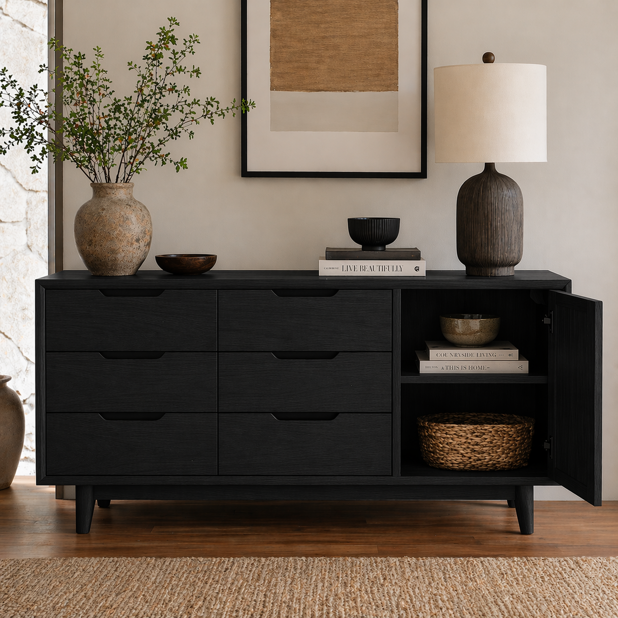 Solid Wood Sideboard Cabinet with Drawers & Door Storage – Modern Rustic Design - view 4 of 7