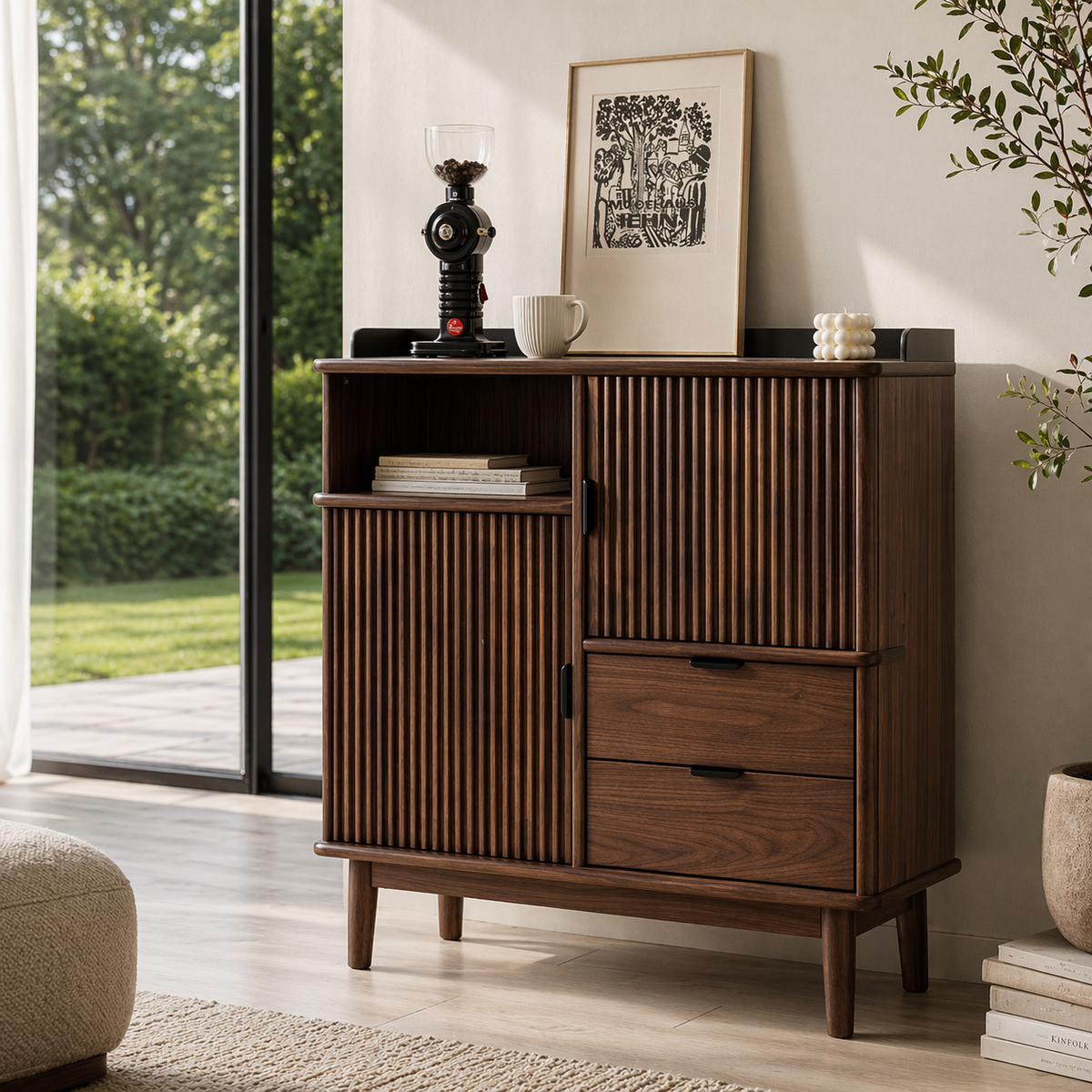 Solid Wood Console Sideboard with Fluted Doors – Mid Century Modern Storage Cabinet - view 2 of 7