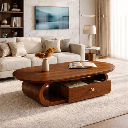 Wooden Coffee Table with Storage Drawer and Curved Modern Design - view 3 of 7