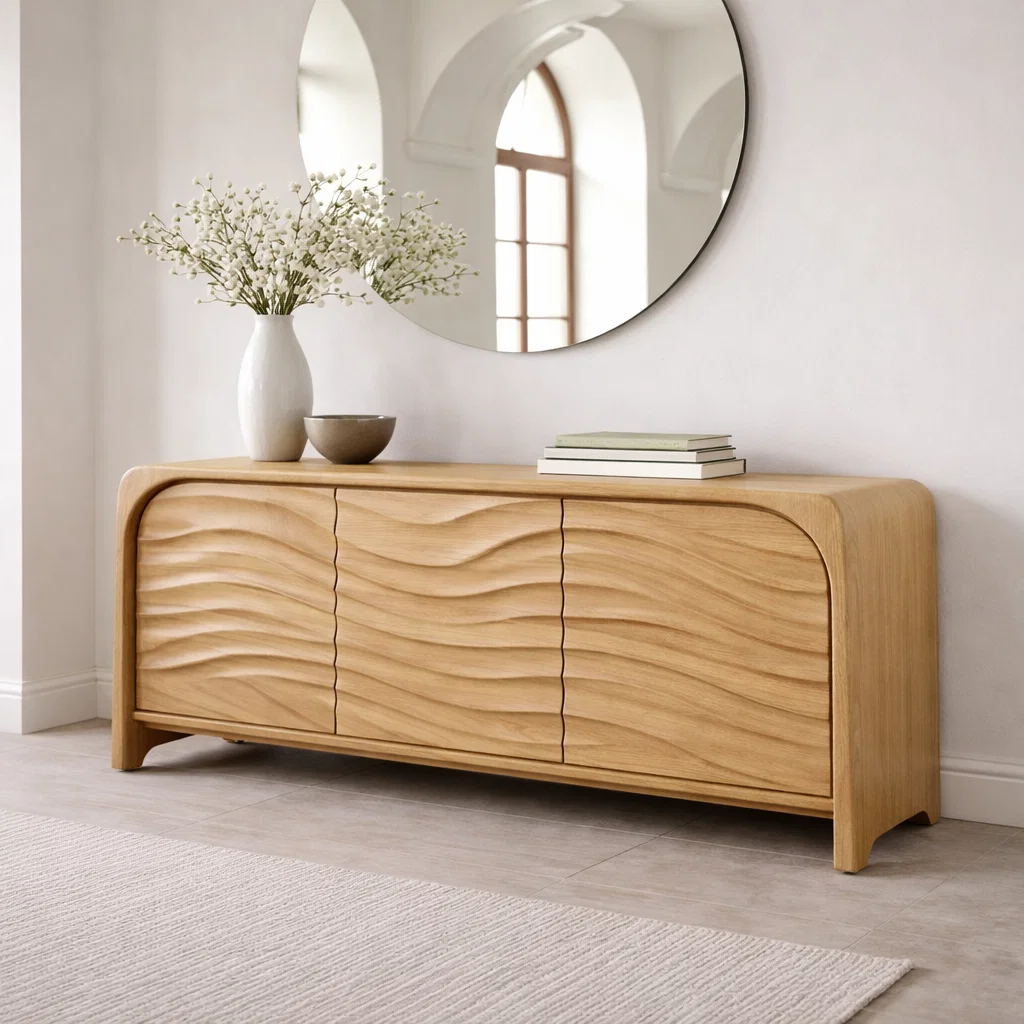 Solid Wood Console Table with Sculpted Wave Front – Modern Entryway Storage Cabinet - view 1 of 7