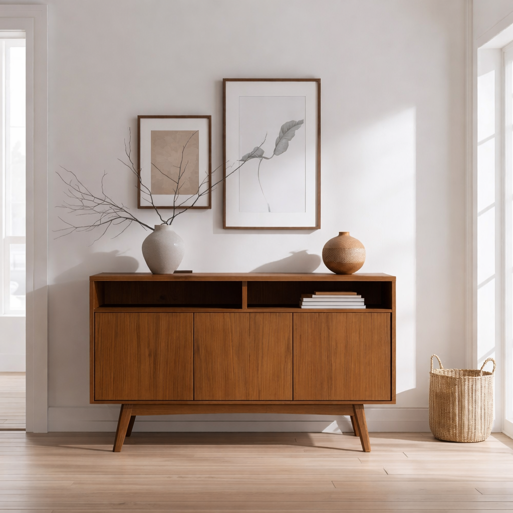 Mid-Century Modern Solid Wood Console Cabinet with Open Shelf and Storage - view 3 of 7