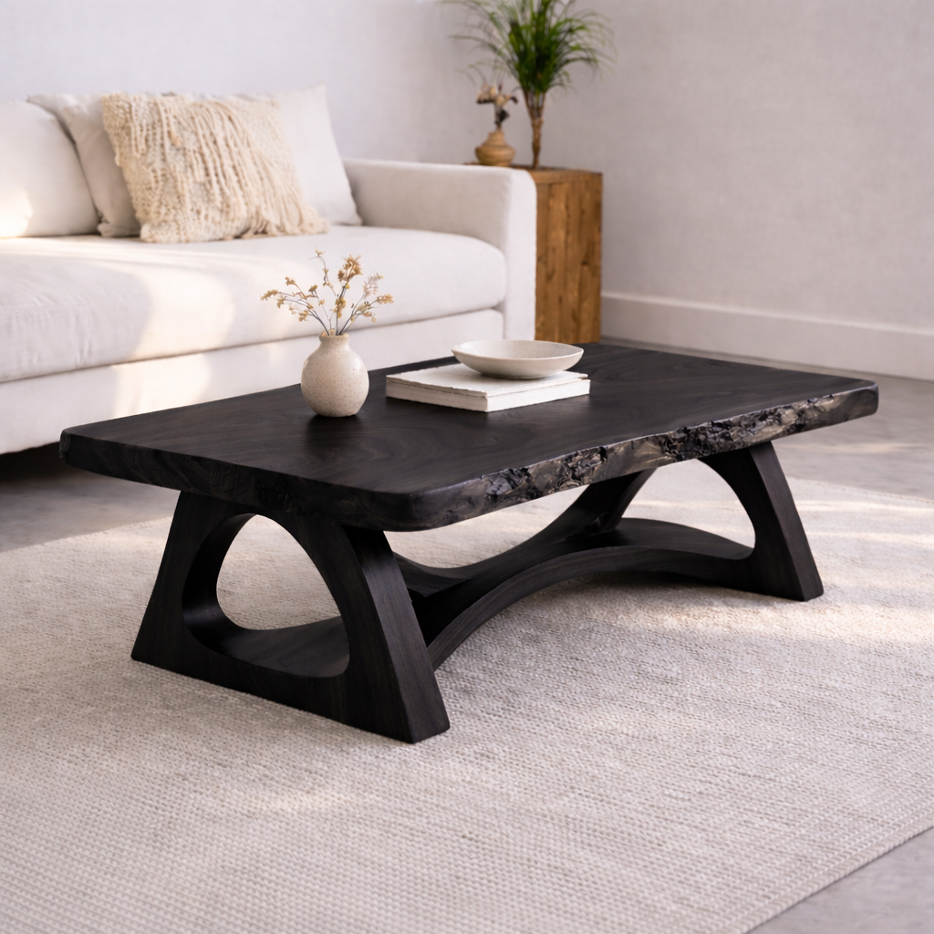 Live Edge Solid Wood Coffee Table with Sculptural Base – Rustic Modern Living Room Table - view 2 of 7