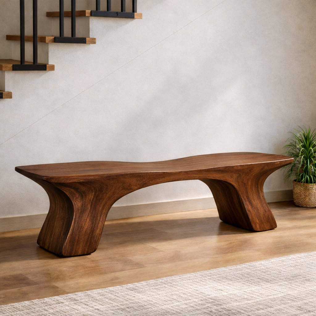 Sculptural Solid Wood Bench, Organic Modern Statement Seating - view 6 of 7