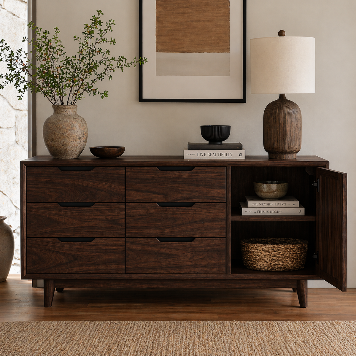 Solid Wood Sideboard Cabinet with Drawers & Door Storage – Modern Rustic Design - view 2 of 7
