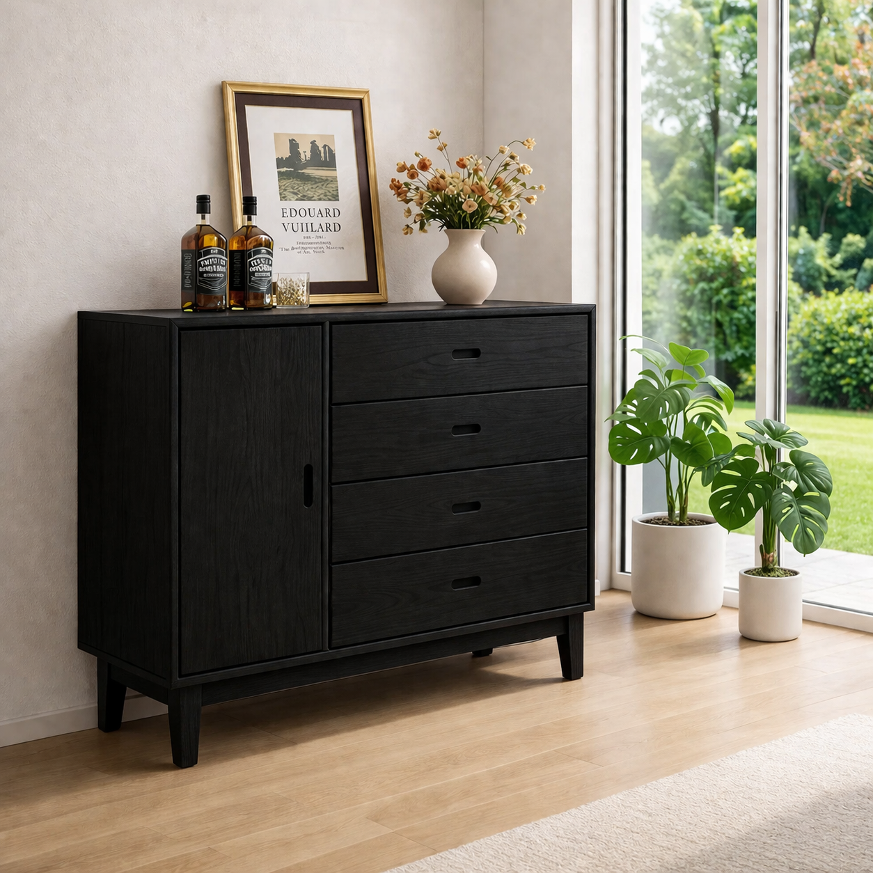 Mid Century Storage Sideboard Cabinet with 4 Drawers and Door – Compact Console - view 4 of 7
