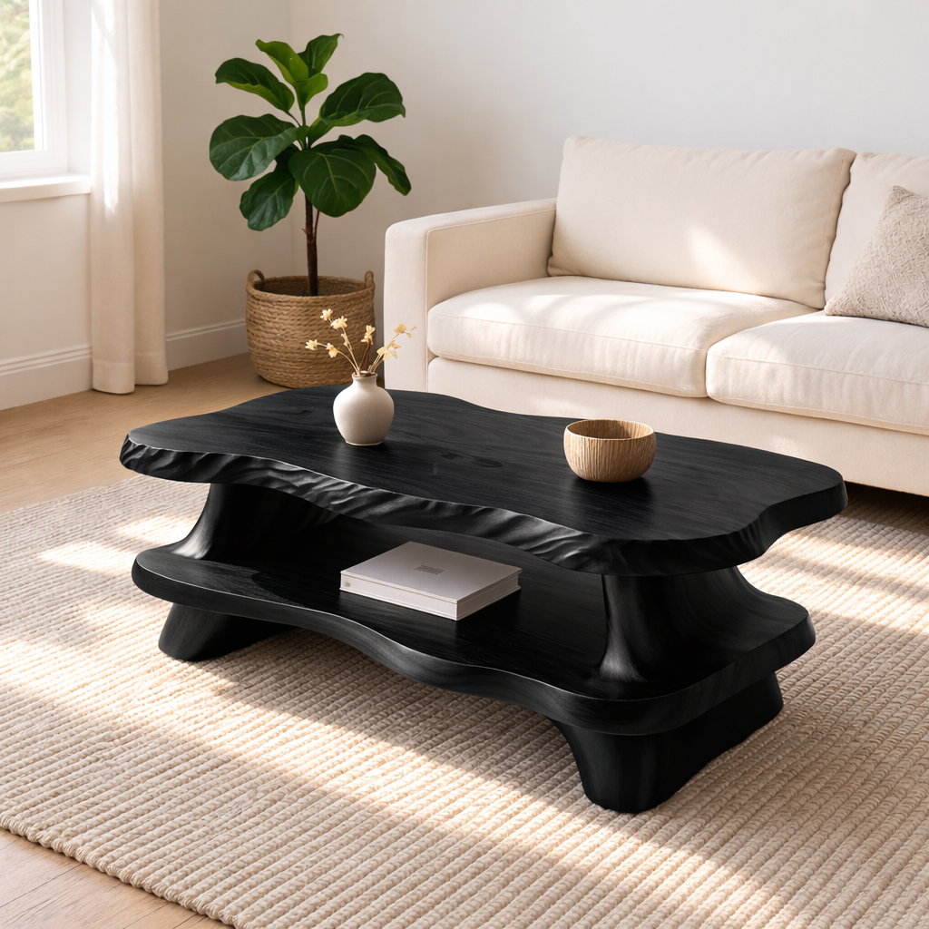Modern Solid Wood Coffee Table with Organic Live Edge and Lower Shelf - view 3 of 7