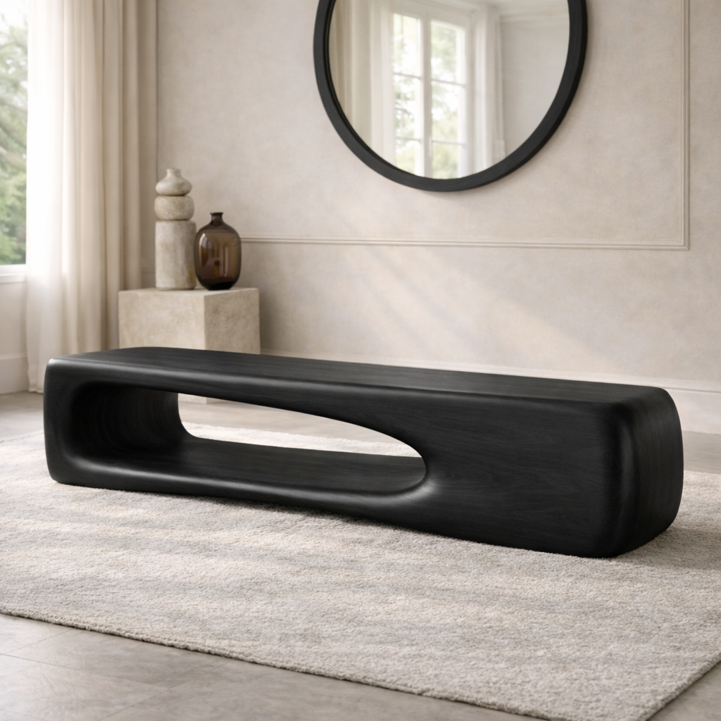 Modern Sculptural Wooden Entryway Bench, Curved Minimalist Hallway Seating Decor - view 4 of 7