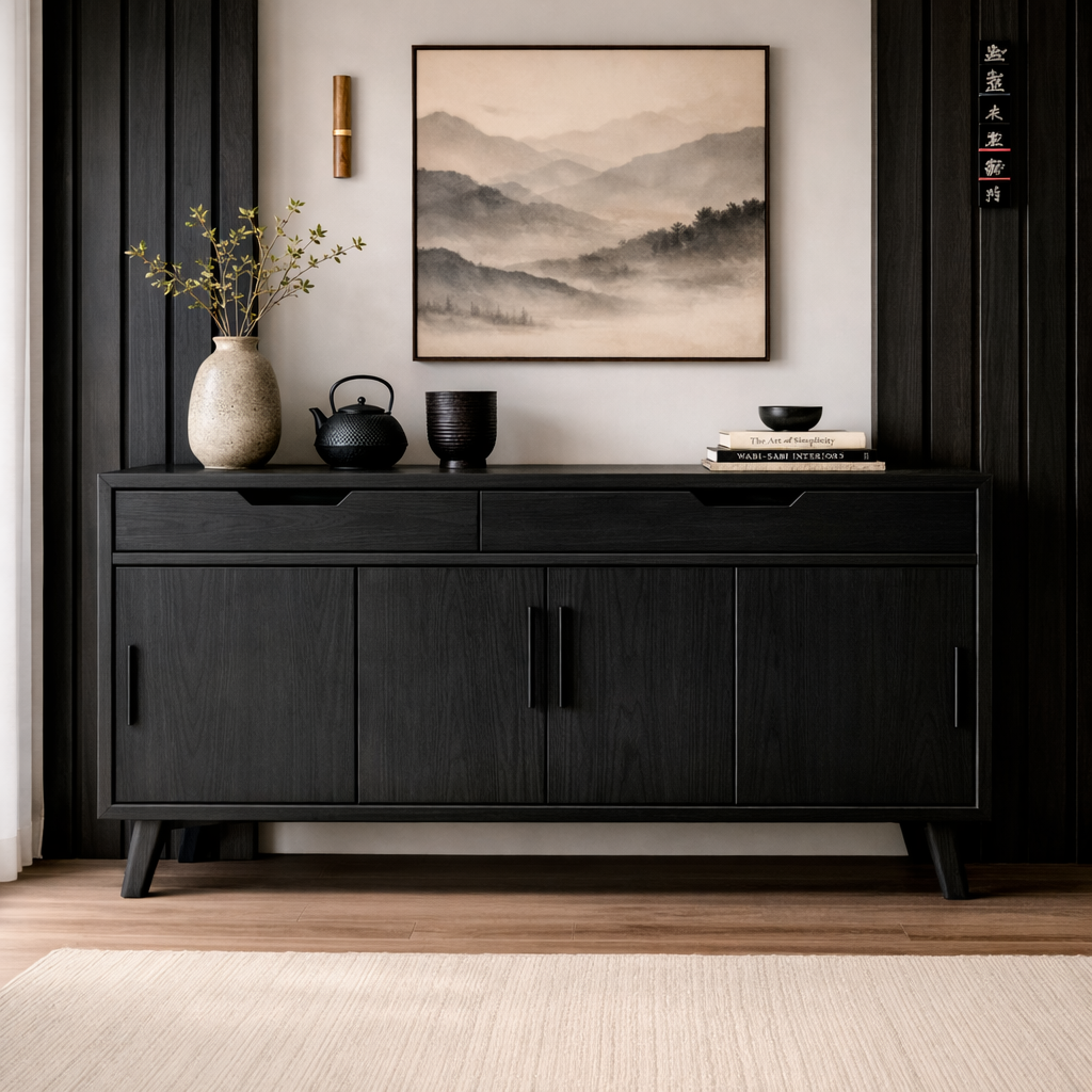 Mid-Century Solid Wood Console Cabinet with 2 Drawers and 4 Doors Storage - view 4 of 7