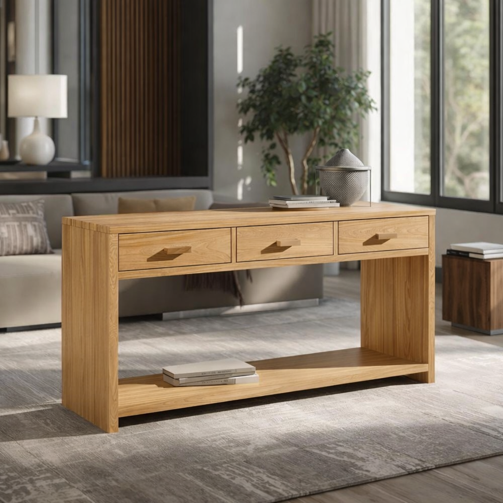 Solid Wood Console Table with Drawers and Shelf – Modern Entryway Storage Table - view 1 of 7