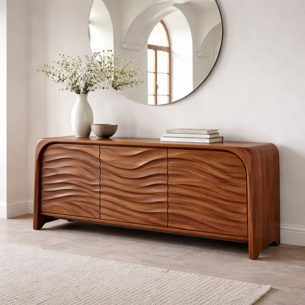 Solid Wood Console Table with Sculpted Wave Front – Modern Entryway Storage Cabinet - view 3 of 7