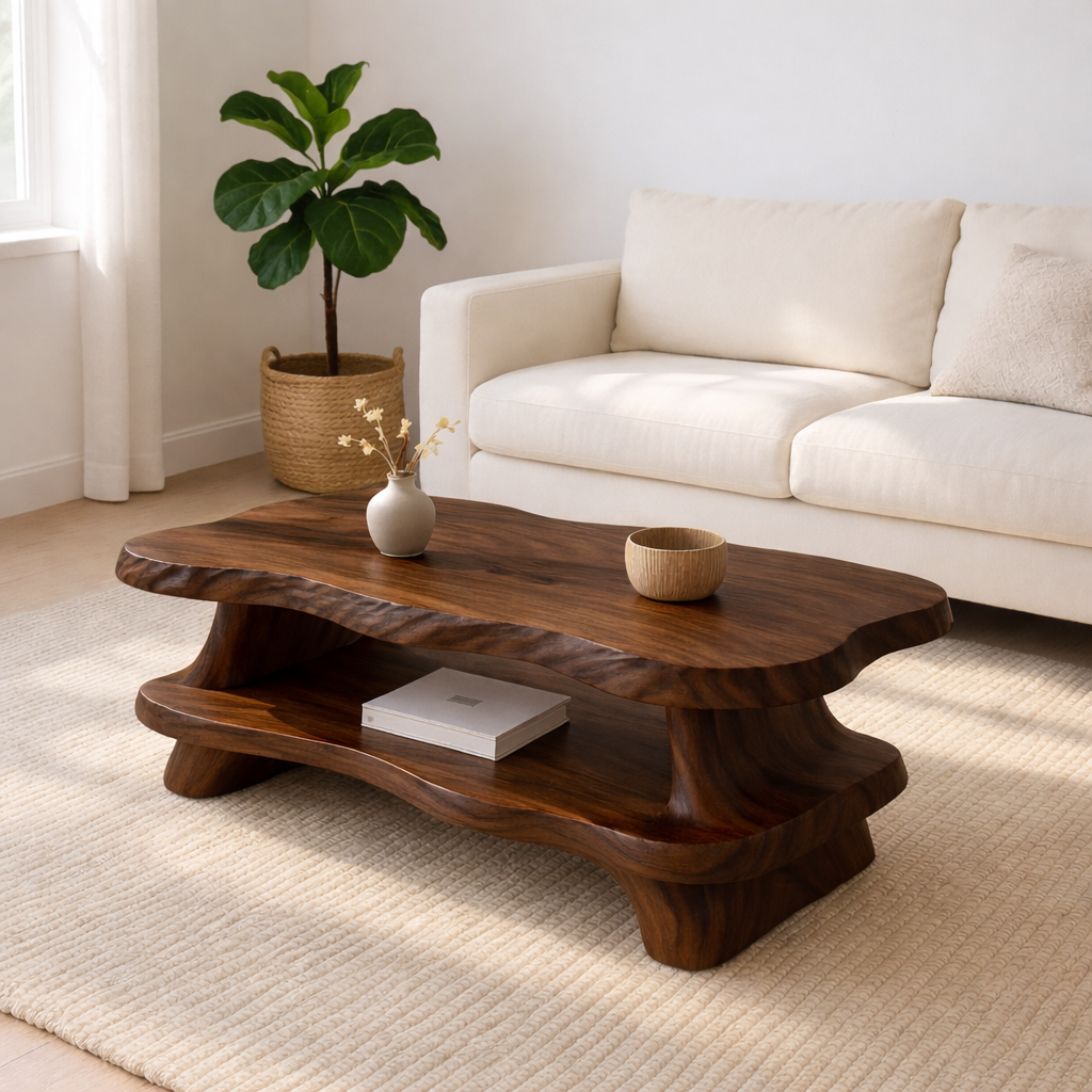 Modern Solid Wood Coffee Table with Organic Live Edge and Lower Shelf - view 4 of 7