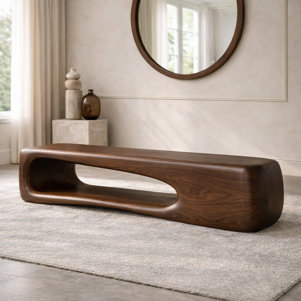 Modern Sculptural Wooden Entryway Bench, Curved Minimalist Hallway Seating Decor - view 3 of 7