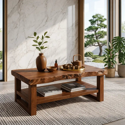 Rustic Solid Wood Coffee Table with Natural Finish and Lower Storage - view 2 of 7