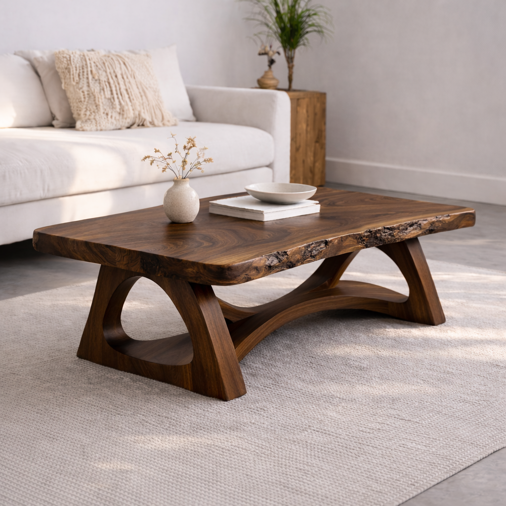 Live Edge Solid Wood Coffee Table with Sculptural Base – Rustic Modern Living Room Table - view 3 of 7