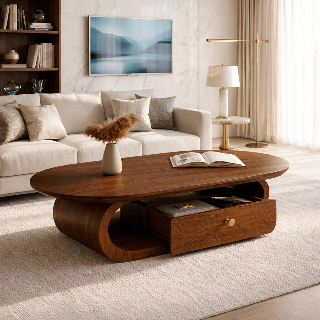 Wooden Coffee Table with Storage Drawer and Curved Modern Design - view 2 of 7