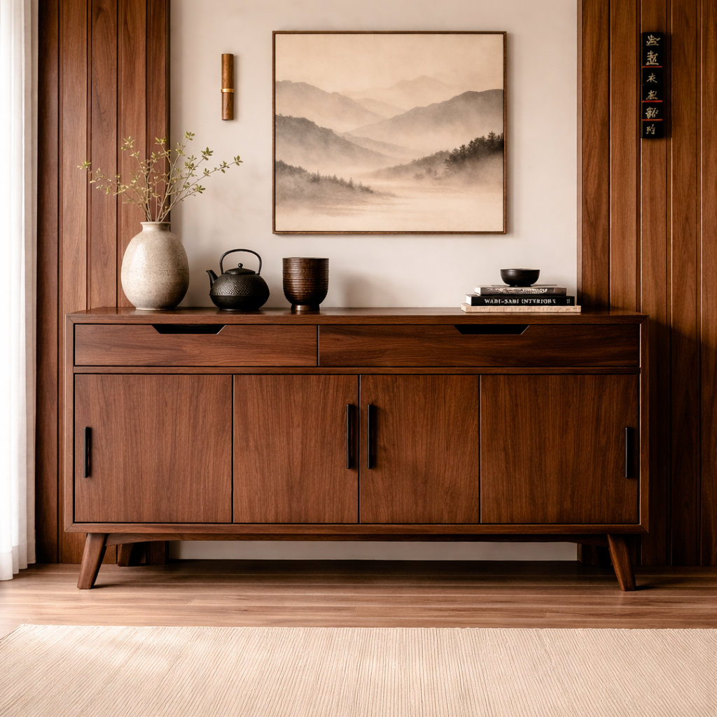 Mid-Century Solid Wood Console Cabinet with 2 Drawers and 4 Doors Storage - view 2 of 7