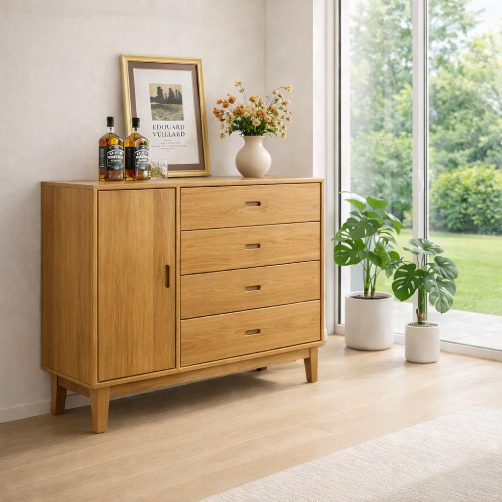 Mid Century Storage Sideboard Cabinet with 4 Drawers and Door – Compact Console - view 1 of 7
