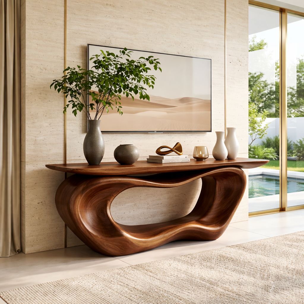 Solid Wood Console Table with Sculpted Base, Modern Minimalist Design - view 3 of 7