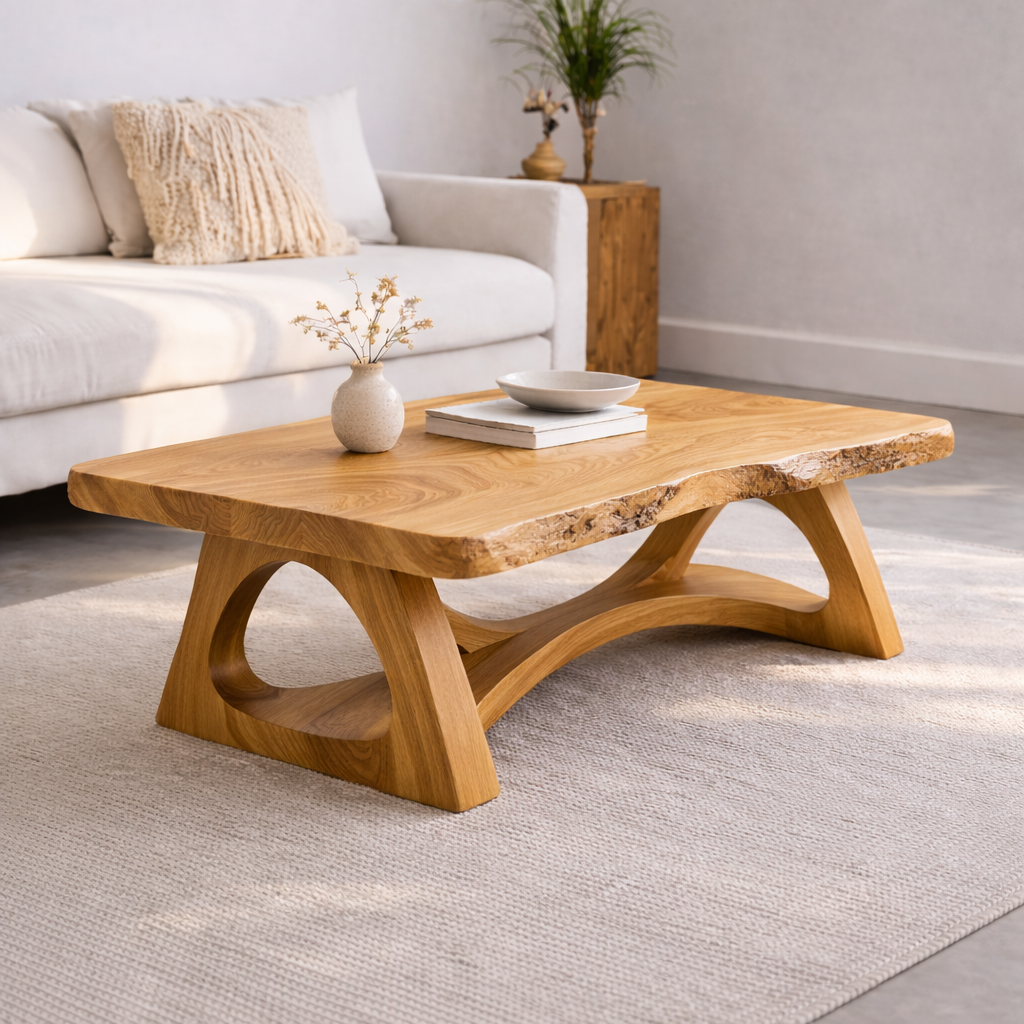 Live Edge Solid Wood Coffee Table with Sculptural Base – Rustic Modern Living Room Table - view 4 of 7