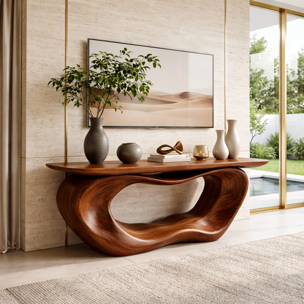 Solid Wood Console Table with Sculpted Base, Modern Minimalist Design - view 2 of 7