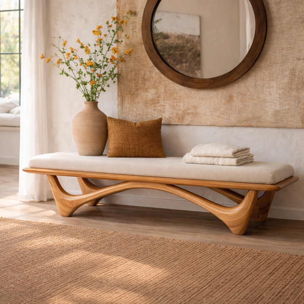 Solid Wood Entryway Bench with Curved Base, Modern Rustic Hallway Seating - view 5 of 7